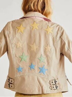 Free People Mauritius Star Applique Leather Jacket with Pastel Stars. 6.